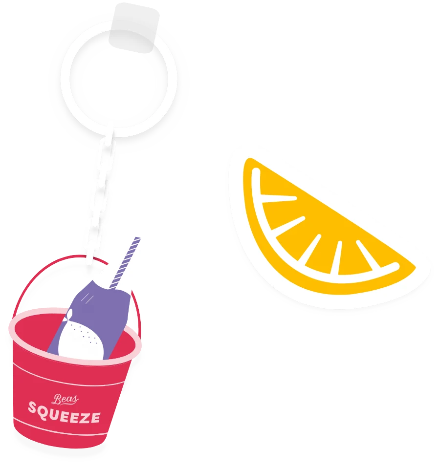 Bea's Squeeze bucket keychain and lemon wedge sticker graphics