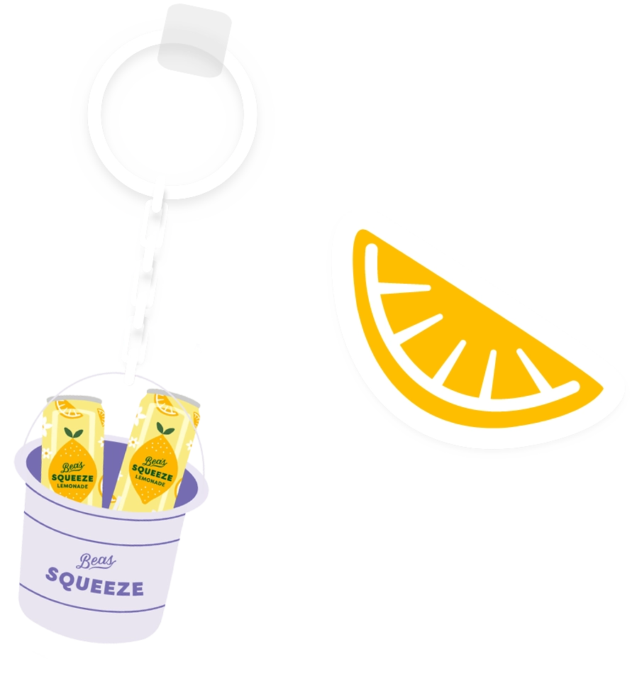 Bea's Squeeze bucket keychain and lemon wedge sticker graphics