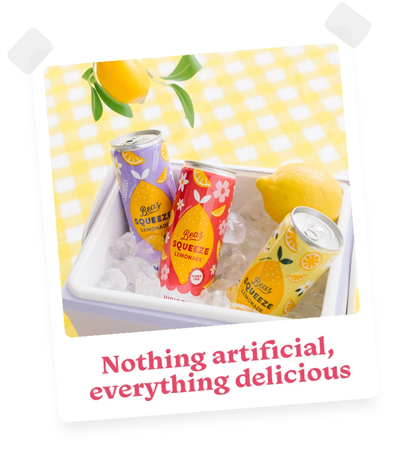 photo of a bottle of Bea's Squeeze pink rose lemonade with the caption Nothing artificial, everything delicious.